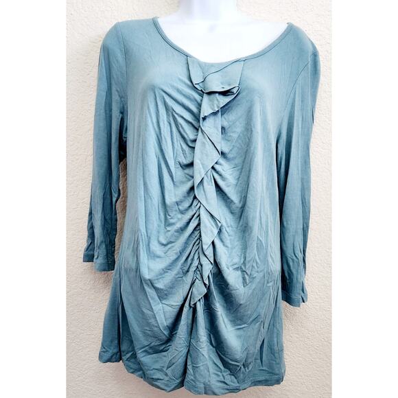 Talbots Green Blue Pleated Ruffled Bodice Top Large Lightweight Soft Stretchy - Picture 1 of 5